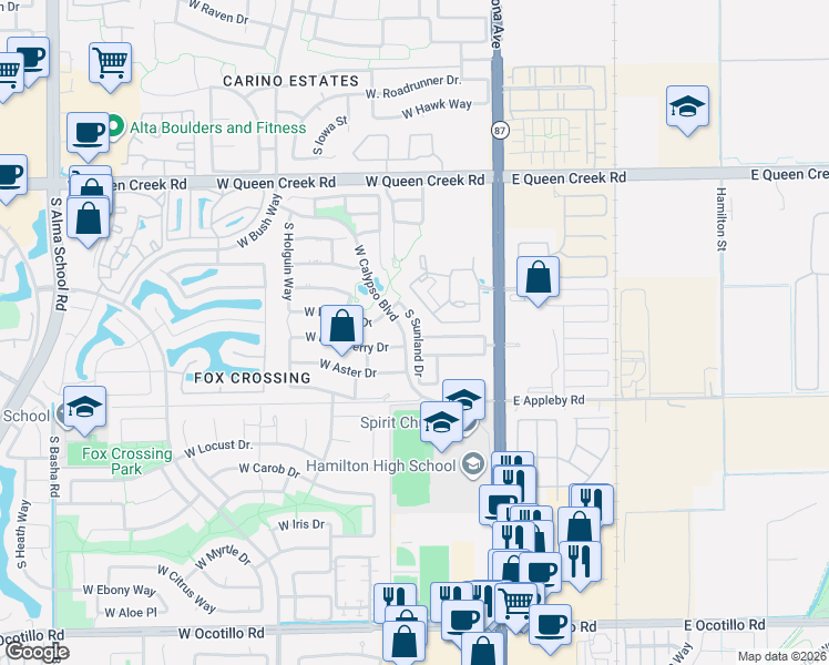 map of restaurants, bars, coffee shops, grocery stores, and more near 3370 South Sunland Drive in Chandler