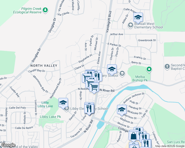 map of restaurants, bars, coffee shops, grocery stores, and more near 557 Elaine Avenue in Oceanside