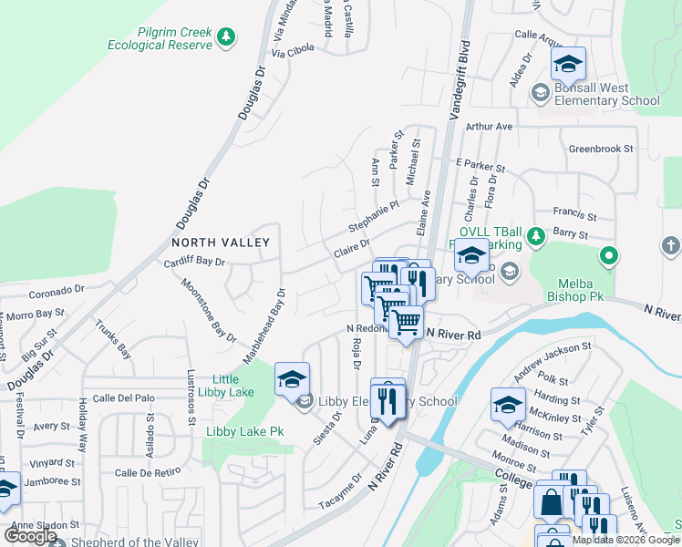 map of restaurants, bars, coffee shops, grocery stores, and more near 531 Roja Drive in Oceanside