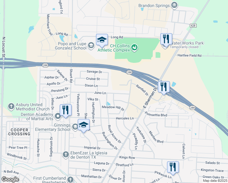 map of restaurants, bars, coffee shops, grocery stores, and more near 1009 Poinsettia Boulevard in Denton