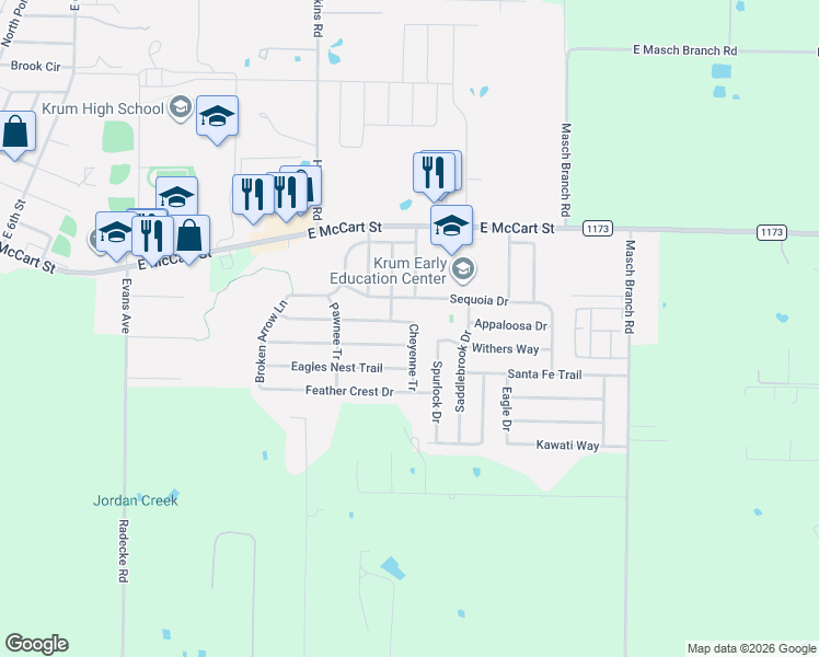 map of restaurants, bars, coffee shops, grocery stores, and more near 301 Cheyenne Tr in Krum