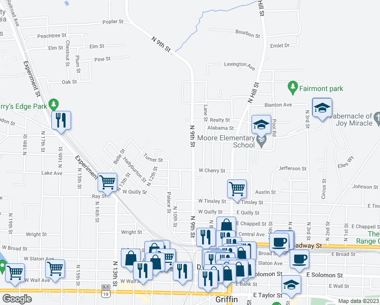 map of restaurants, bars, coffee shops, grocery stores, and more near 535 North 9th Street in Griffin
