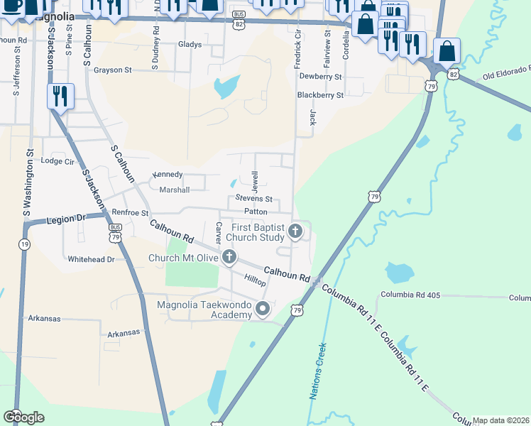 map of restaurants, bars, coffee shops, grocery stores, and more near 12051218 Renfroe Street in Magnolia