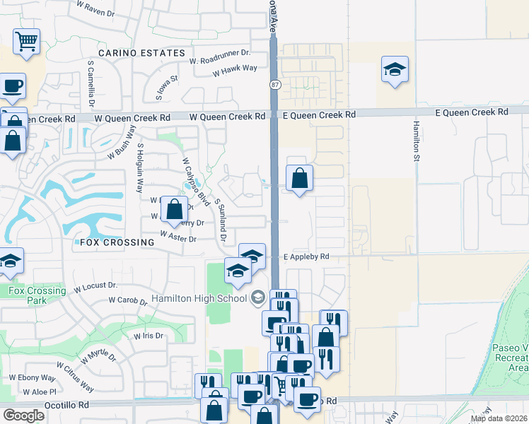 map of restaurants, bars, coffee shops, grocery stores, and more near 20 West Hackberry Drive in Chandler