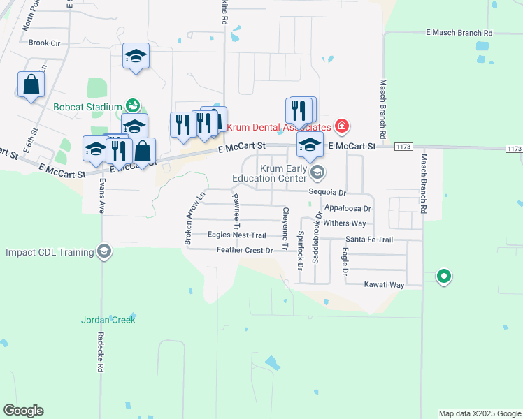map of restaurants, bars, coffee shops, grocery stores, and more near 1408 Aztec Trail in Krum