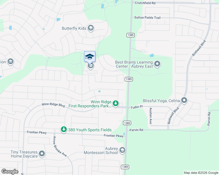 map of restaurants, bars, coffee shops, grocery stores, and more near 1801 Vernon Drive in Denton County