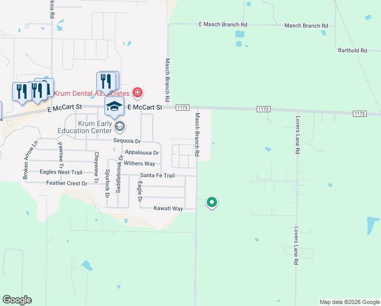 map of restaurants, bars, coffee shops, grocery stores, and more near 4891 Masch Branch Road in Krum