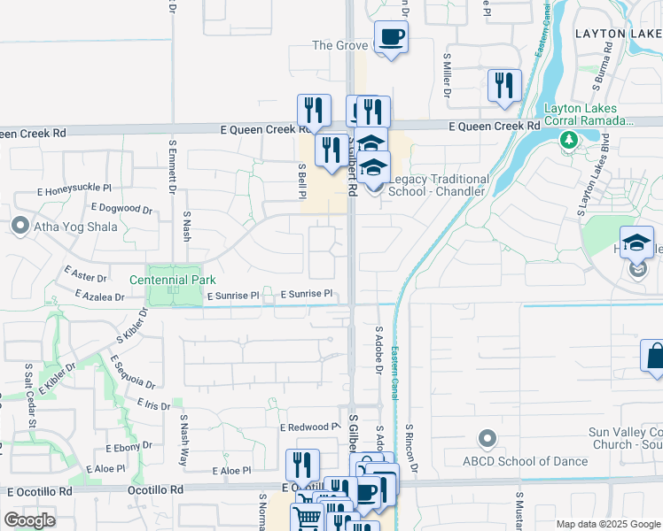 map of restaurants, bars, coffee shops, grocery stores, and more near 2970 East Sunrise Place in Chandler