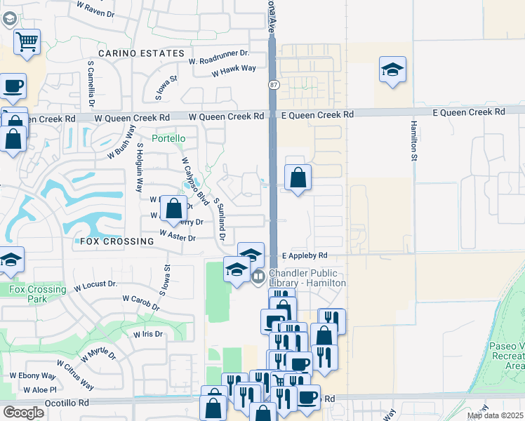 map of restaurants, bars, coffee shops, grocery stores, and more near 20 West Hackberry Drive in Chandler