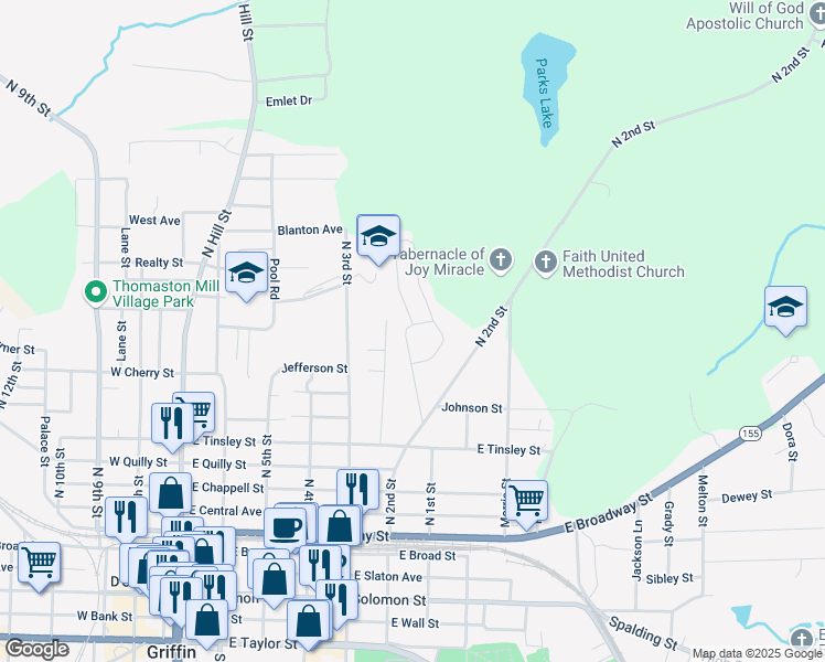 map of restaurants, bars, coffee shops, grocery stores, and more near 460 Johnson Pool Road in Griffin