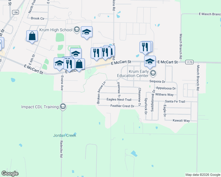 map of restaurants, bars, coffee shops, grocery stores, and more near 1226 Aztec Trail in Krum