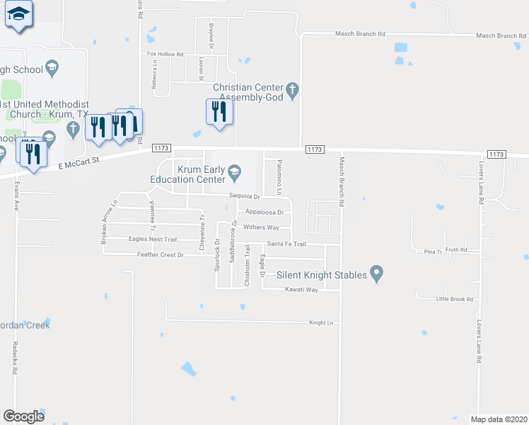 map of restaurants, bars, coffee shops, grocery stores, and more near 1615 Appaloosa Drive in Krum