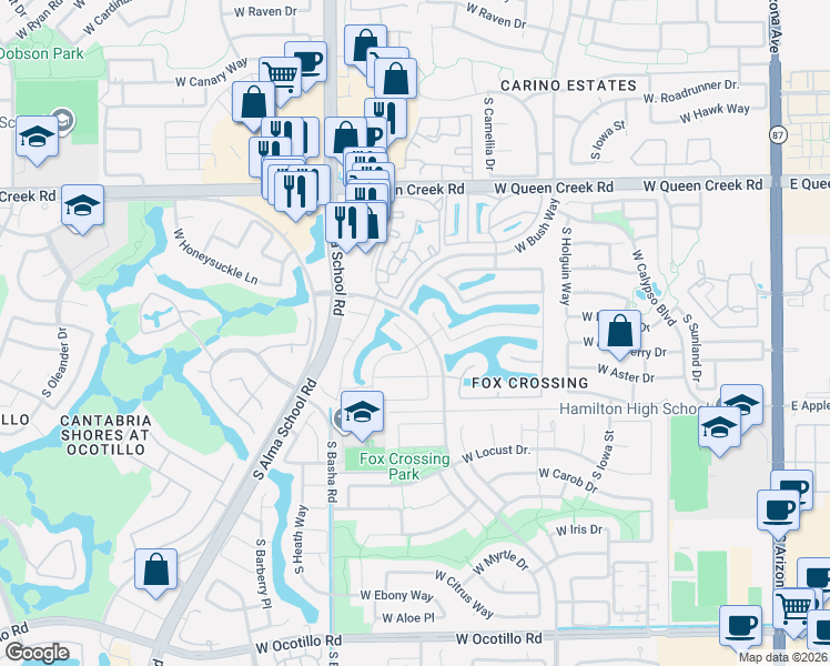 map of restaurants, bars, coffee shops, grocery stores, and more near 3421 South Beverly Place in Chandler