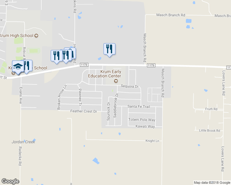 map of restaurants, bars, coffee shops, grocery stores, and more near 203 Saddlebrook Drive in Krum