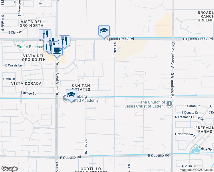 map of restaurants, bars, coffee shops, grocery stores, and more near 1925 East Mia Lane in Gilbert