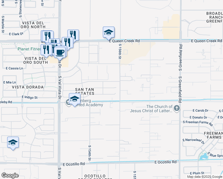 map of restaurants, bars, coffee shops, grocery stores, and more near 1925 East Mia Lane in Gilbert