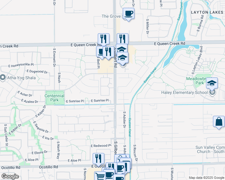 map of restaurants, bars, coffee shops, grocery stores, and more near 3330 South Gilbert Road in Chandler