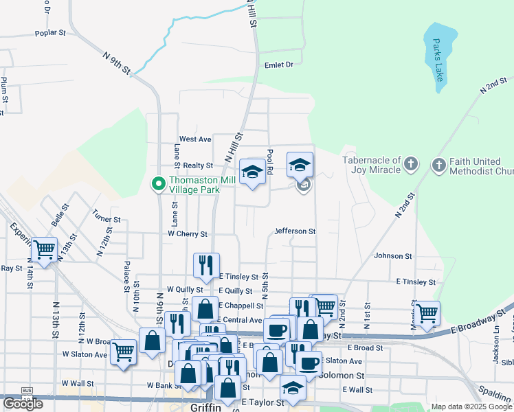 map of restaurants, bars, coffee shops, grocery stores, and more near 201 Cabin Creek Drive in Griffin