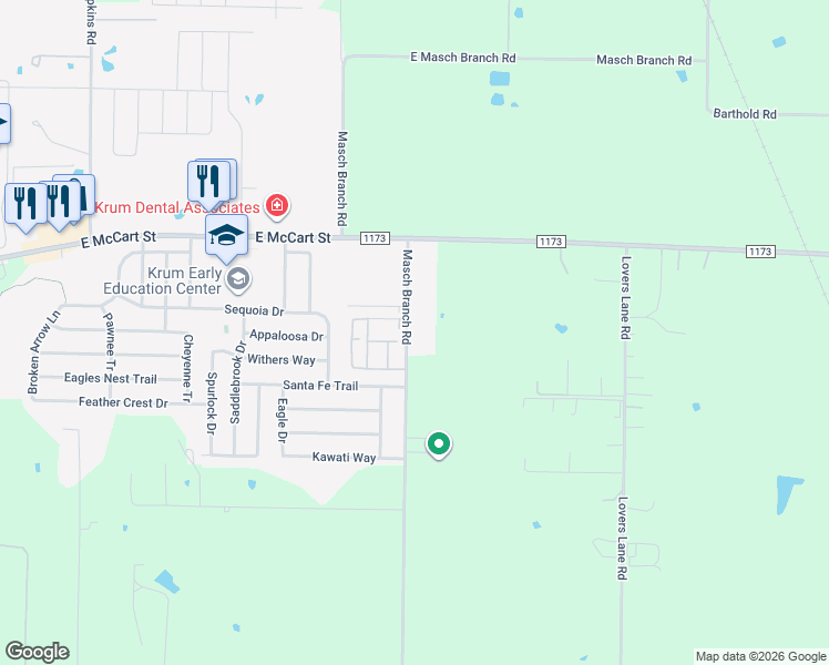 map of restaurants, bars, coffee shops, grocery stores, and more near 4892 Masch Branch Road in Krum