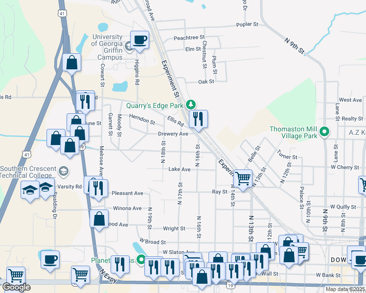 map of restaurants, bars, coffee shops, grocery stores, and more near 608 North 17th Street in Griffin