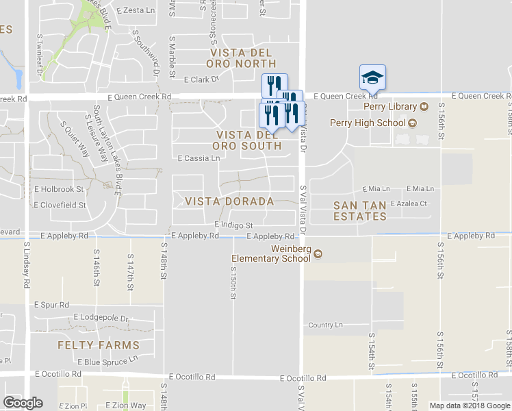 map of restaurants, bars, coffee shops, grocery stores, and more near 1464 East Azalea Drive in Gilbert