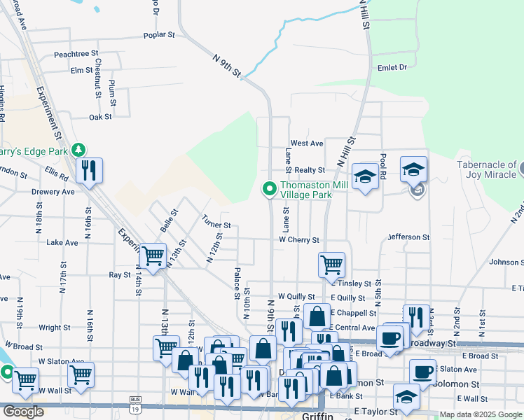 map of restaurants, bars, coffee shops, grocery stores, and more near 602 North 9th Street in Griffin
