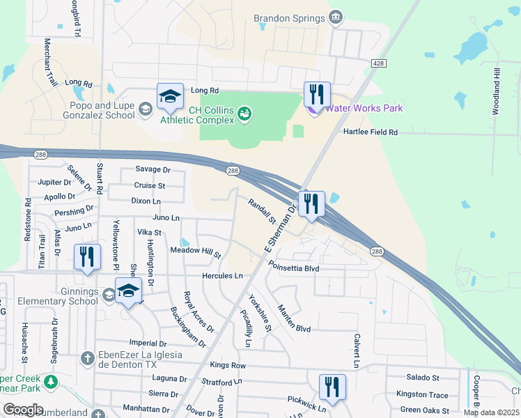 map of restaurants, bars, coffee shops, grocery stores, and more near 1241 Round Hill Road in Denton