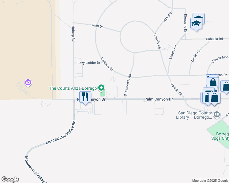 map of restaurants, bars, coffee shops, grocery stores, and more near 330 Palm Canyon Drive in Borrego Springs