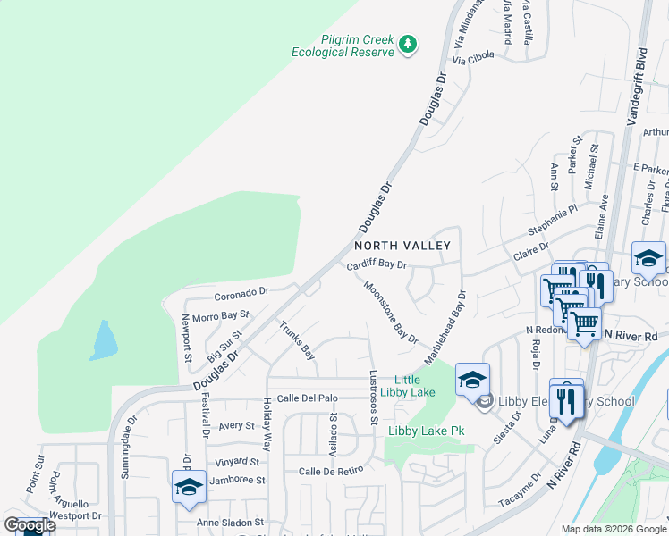 map of restaurants, bars, coffee shops, grocery stores, and more near 4801 Cardiff Bay Drive in Oceanside