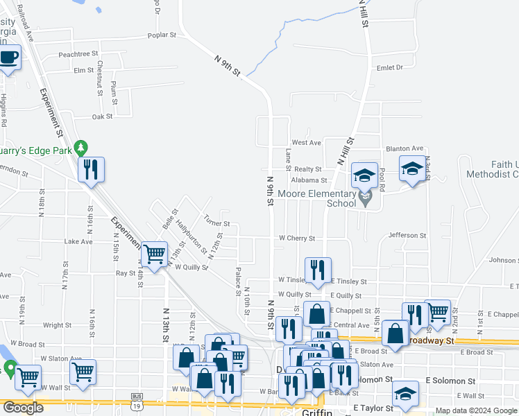 map of restaurants, bars, coffee shops, grocery stores, and more near 539 North 9th Street in Griffin