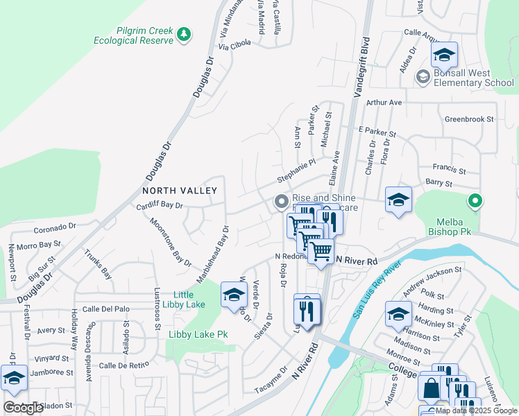 map of restaurants, bars, coffee shops, grocery stores, and more near 4795 Claire Drive in Oceanside