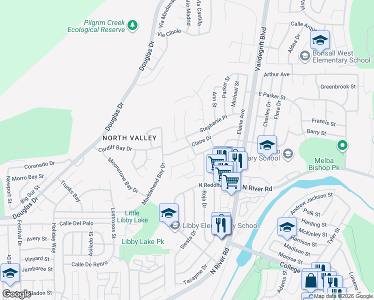 map of restaurants, bars, coffee shops, grocery stores, and more near 4795 Claire Drive in Oceanside