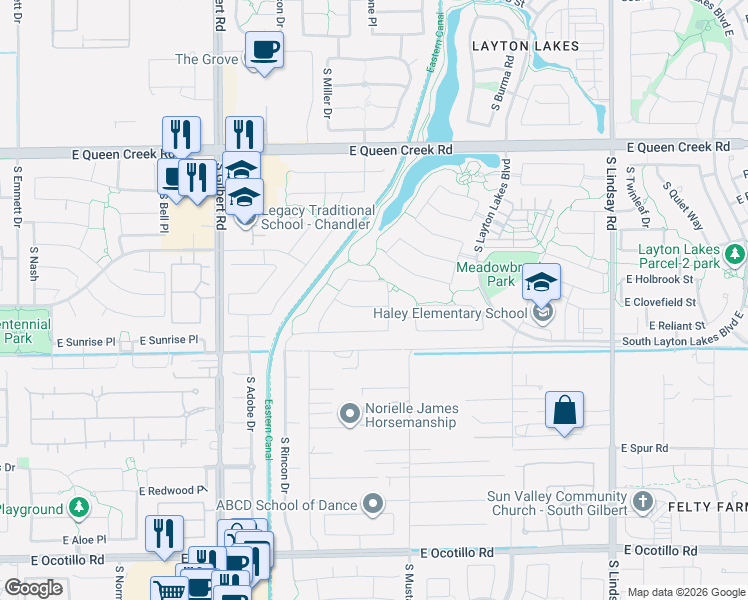 map of restaurants, bars, coffee shops, grocery stores, and more near 3365 East Balsam Drive in Chandler