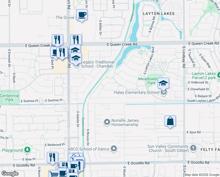 map of restaurants, bars, coffee shops, grocery stores, and more near 3365 East Balsam Drive in Chandler