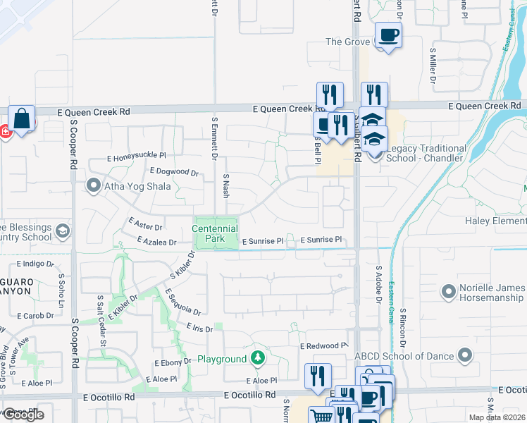 map of restaurants, bars, coffee shops, grocery stores, and more near 2720 East Azalea Drive in Chandler