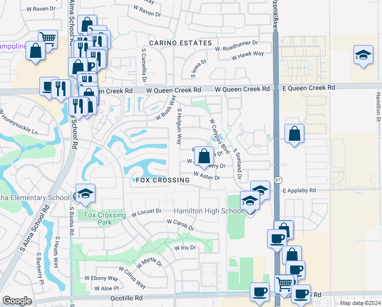 map of restaurants, bars, coffee shops, grocery stores, and more near 448 W Balsam Drive in Chandler