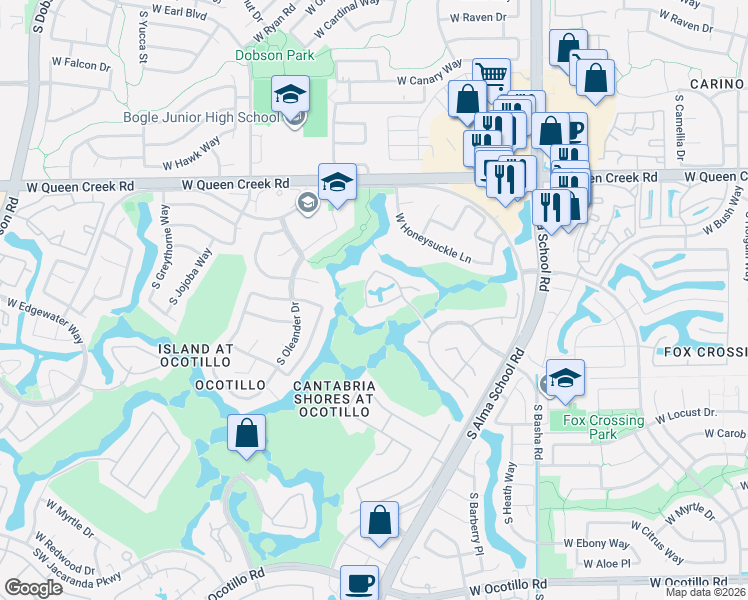 map of restaurants, bars, coffee shops, grocery stores, and more near 1395 West Island Circle in Chandler