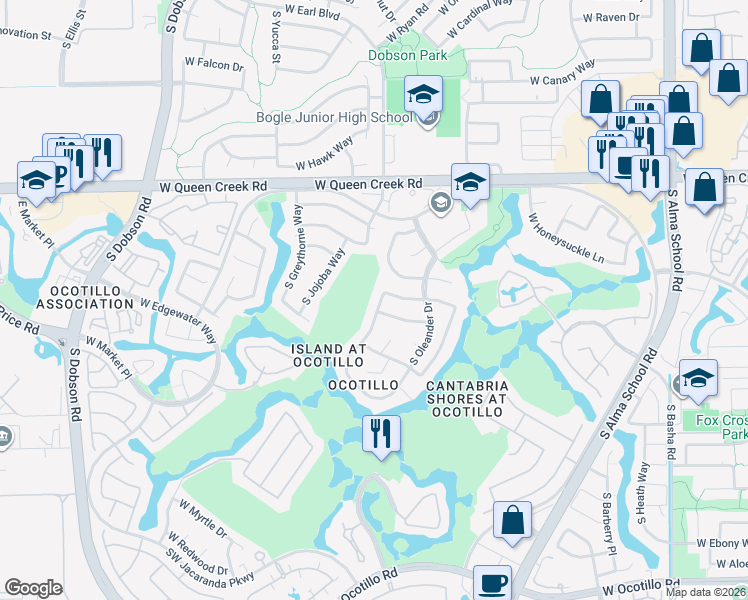 map of restaurants, bars, coffee shops, grocery stores, and more near 3200 South Ambrosia Drive in Chandler