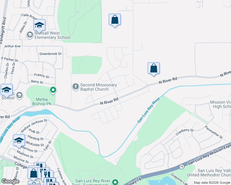 map of restaurants, bars, coffee shops, grocery stores, and more near 5461-5599 North River Road in Oceanside