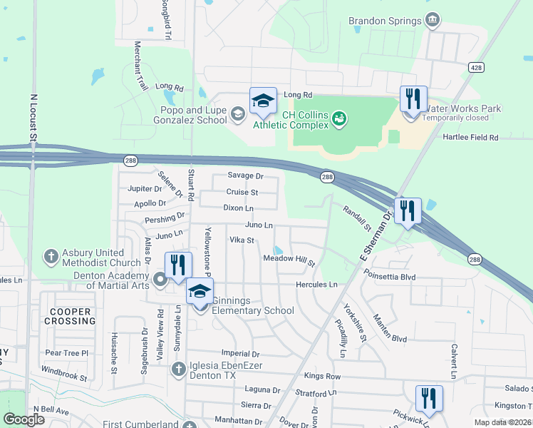 map of restaurants, bars, coffee shops, grocery stores, and more near 1105 Dixon Lane in Denton