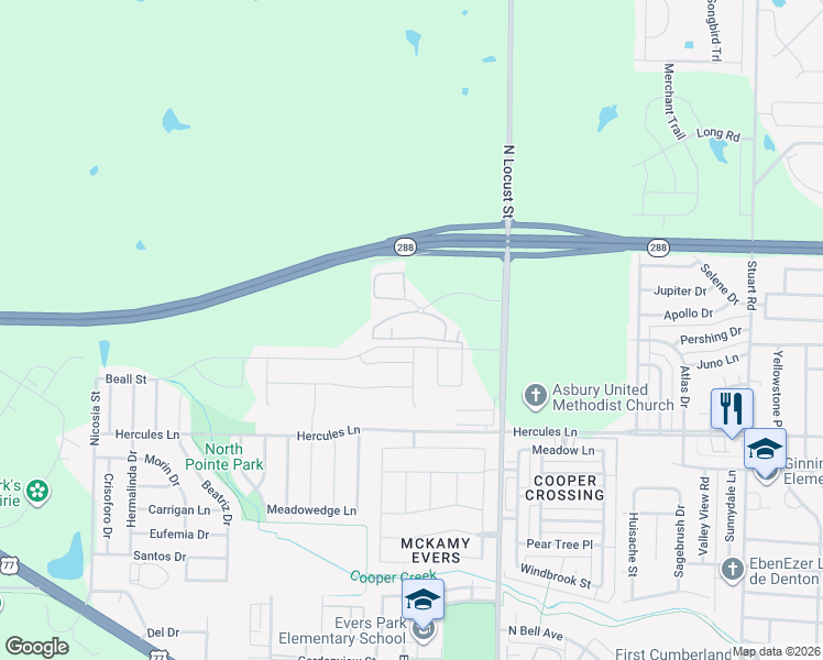 map of restaurants, bars, coffee shops, grocery stores, and more near 401 Ame Drive in Denton
