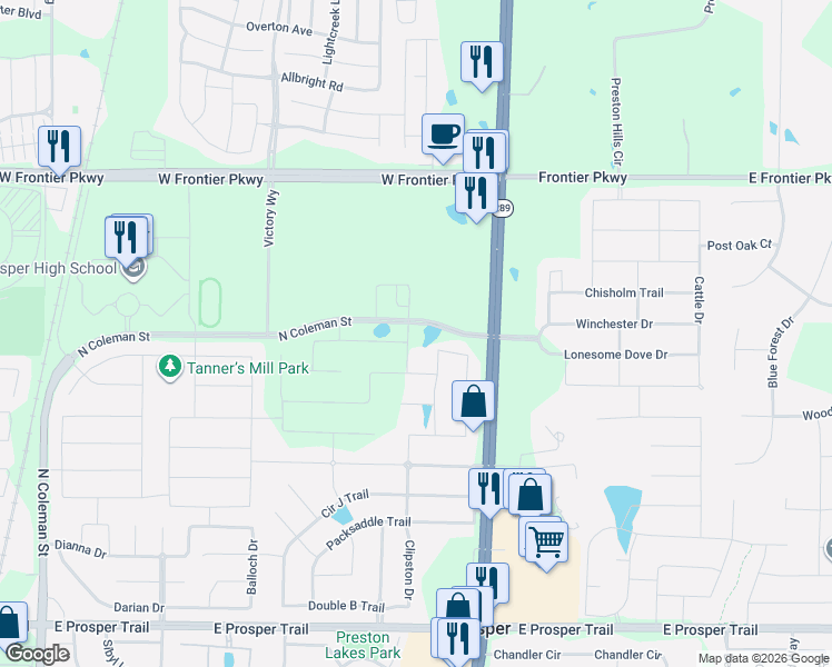 map of restaurants, bars, coffee shops, grocery stores, and more near 1570 North Preston Road in Prosper