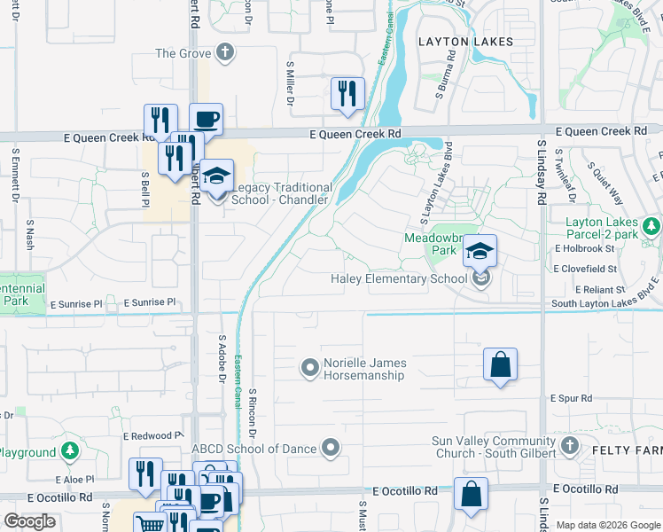 map of restaurants, bars, coffee shops, grocery stores, and more near 3365 East Balsam Drive in Chandler