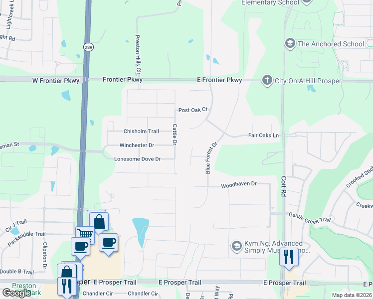 map of restaurants, bars, coffee shops, grocery stores, and more near 1691 Cedar Bend Court in Prosper