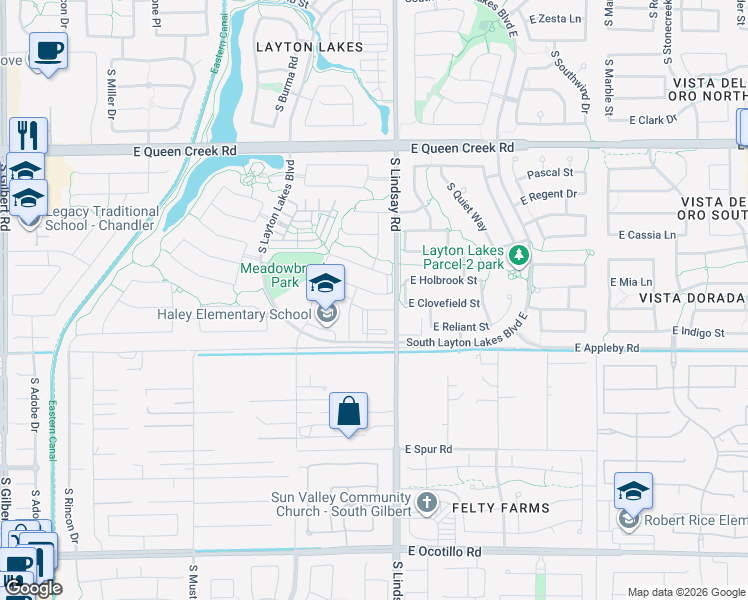 map of restaurants, bars, coffee shops, grocery stores, and more near 3951 East Balsam Drive in Chandler