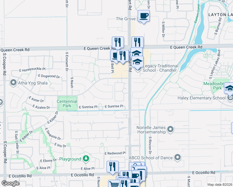 map of restaurants, bars, coffee shops, grocery stores, and more near 2848 East Balsam Drive in Chandler