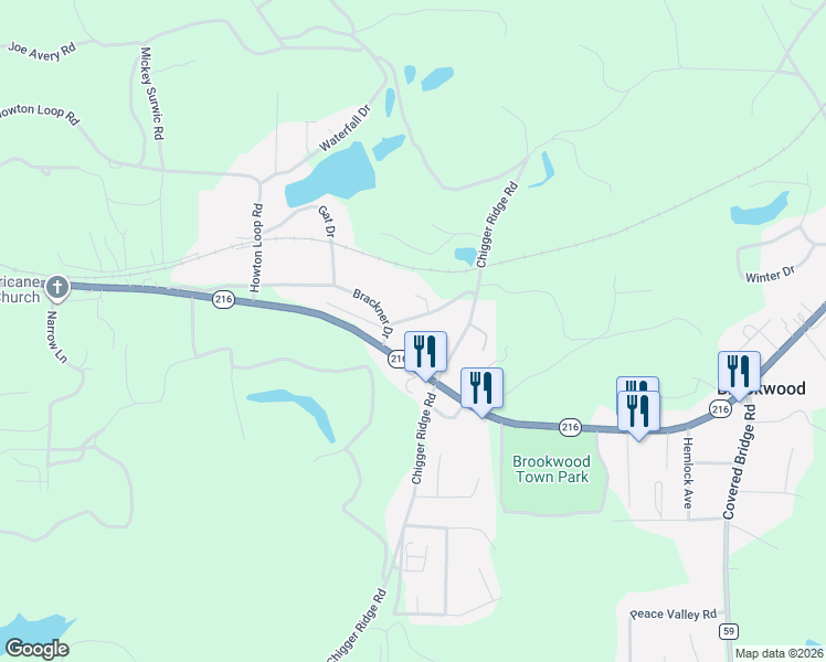 map of restaurants, bars, coffee shops, grocery stores, and more near 12173-15557 Walden Pond Road in Brookwood