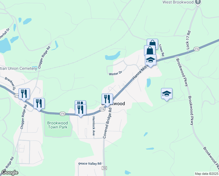 map of restaurants, bars, coffee shops, grocery stores, and more near 12175 Cougar Drive in Brookwood
