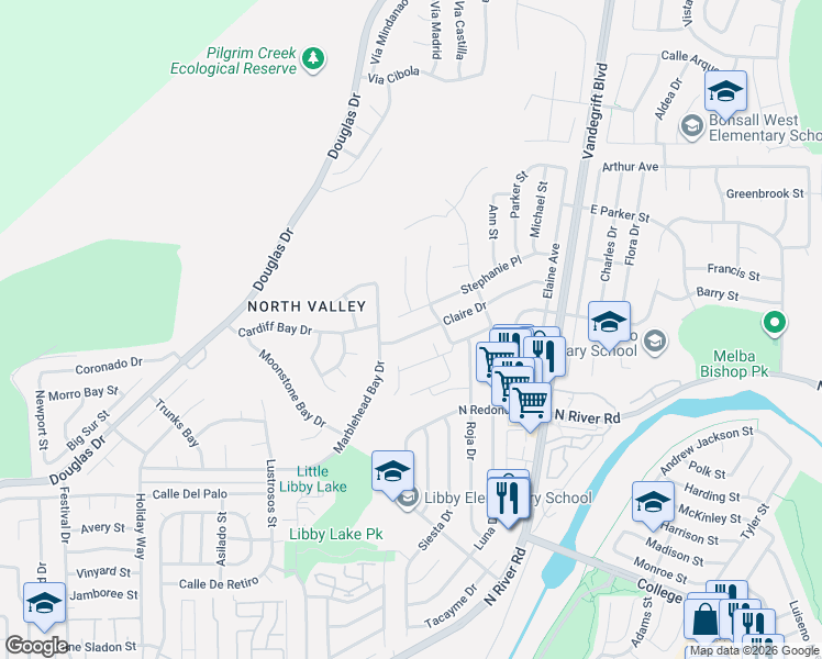 map of restaurants, bars, coffee shops, grocery stores, and more near 4780 Claire Drive in Oceanside