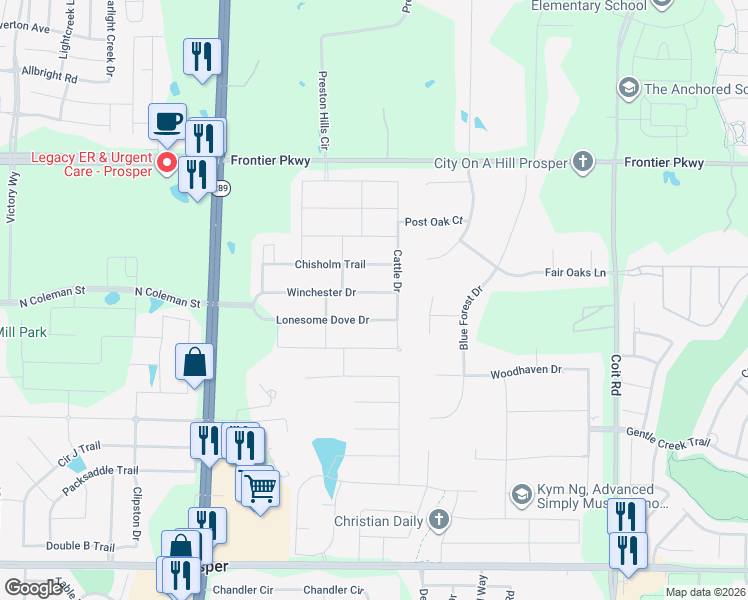 map of restaurants, bars, coffee shops, grocery stores, and more near 1750 Winchester Drive in Prosper